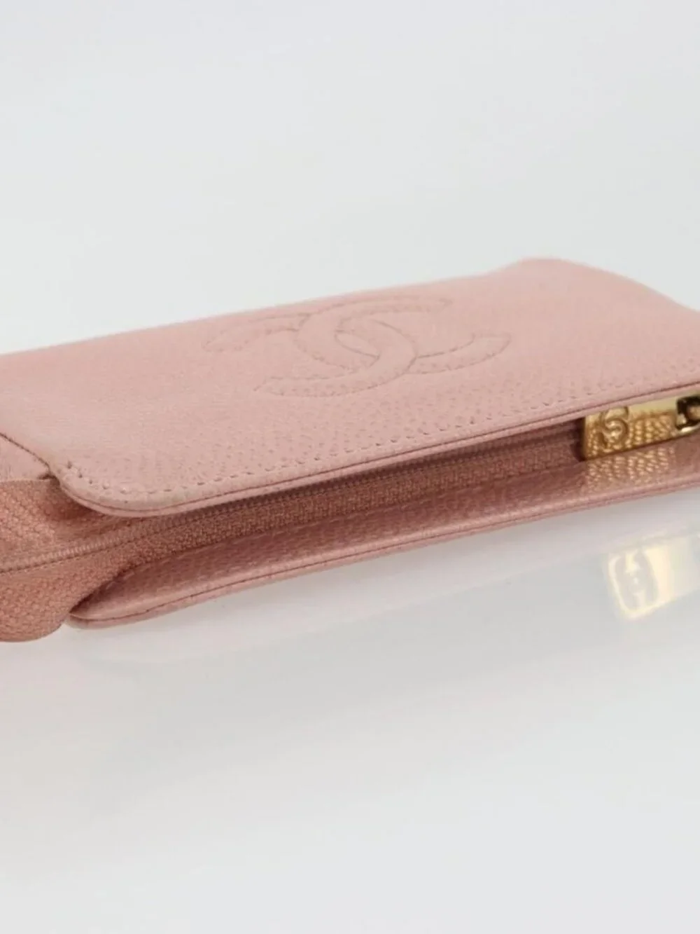 CHANEL Pouch Grained Calf Skin Pink Gold CC Auth 101855
